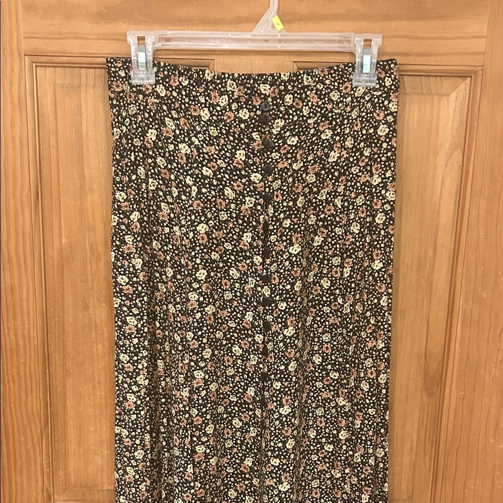 Express Brown Floral Maxi Skirt with Cream and Peach Blooms